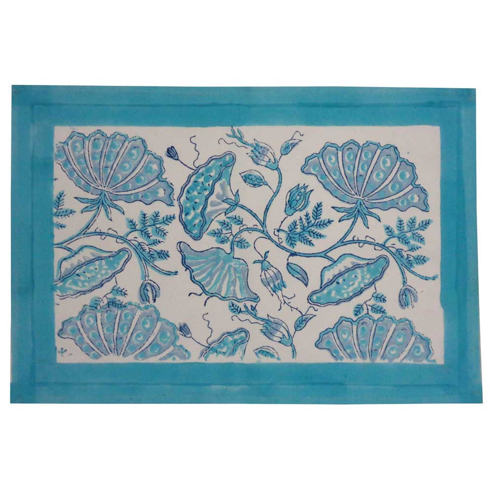 Hand Block Printed Cotton Canvas Table Mat 32x48 cms (Set of 2 Table mats) | Waterlily Aqua 205001