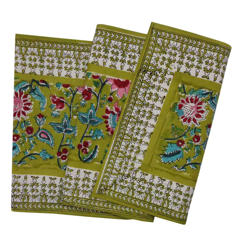Hand Block Printed Cotton Canvas Table Runner 33x170 cms |  Phuljhari Olive Gud 103487