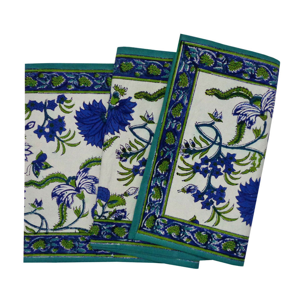 Hand Block Printed Cotton Canvas Table Runner 33x170 cms | Flower Blossom Sea Green Open 100358
