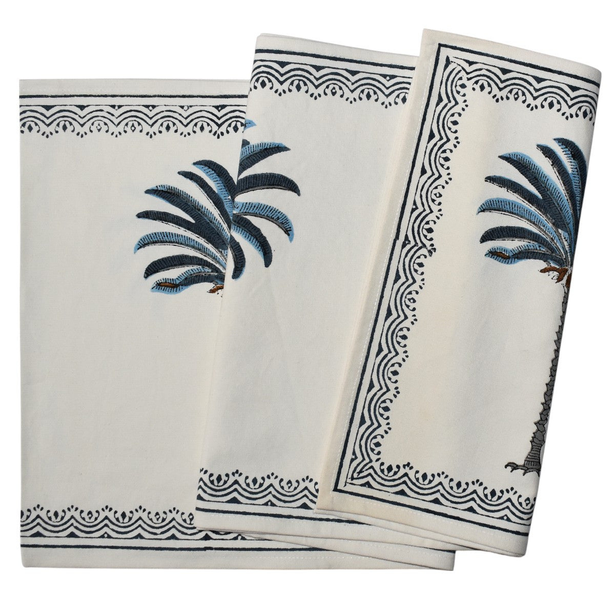 Hand Block Printed Cotton Canvas Table Runner 33x170 cms | Palm Tree Blue 202032