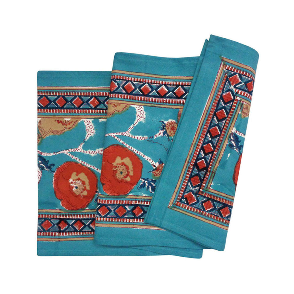 Hand Block Printed Cotton Canvas Table Runner 33x170 cms | Teal Flower Gud 205147
