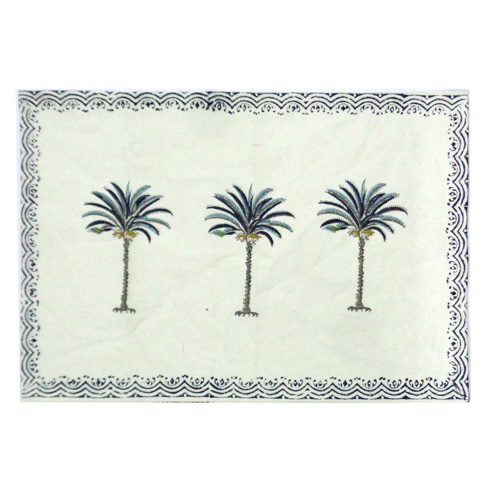 Hand Block Printed Cotton Canvas Tablemat 32x48 (Set of 2 Tablemats) | Three Palm Blue Border 104905