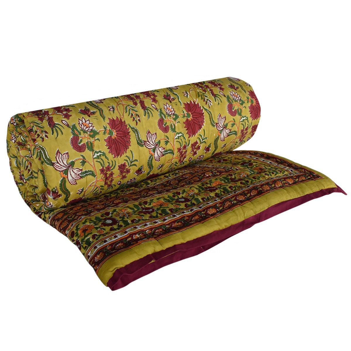 Hand Block Printed Cotton King Size Quilt | Flower Blossom Canary 104164