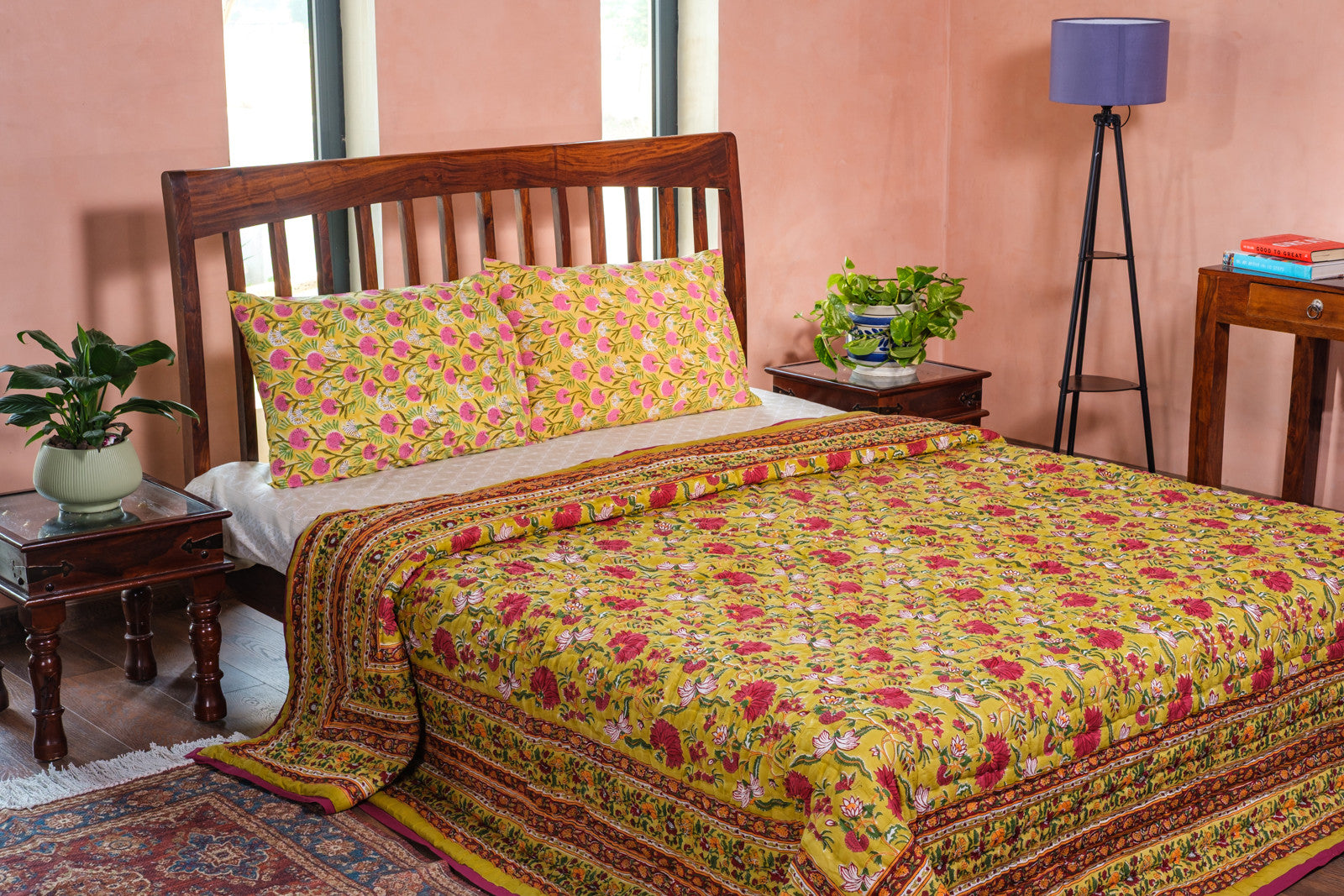 Hand Block Printed Cotton King Size Quilt | Flower Blossom Canary 104164