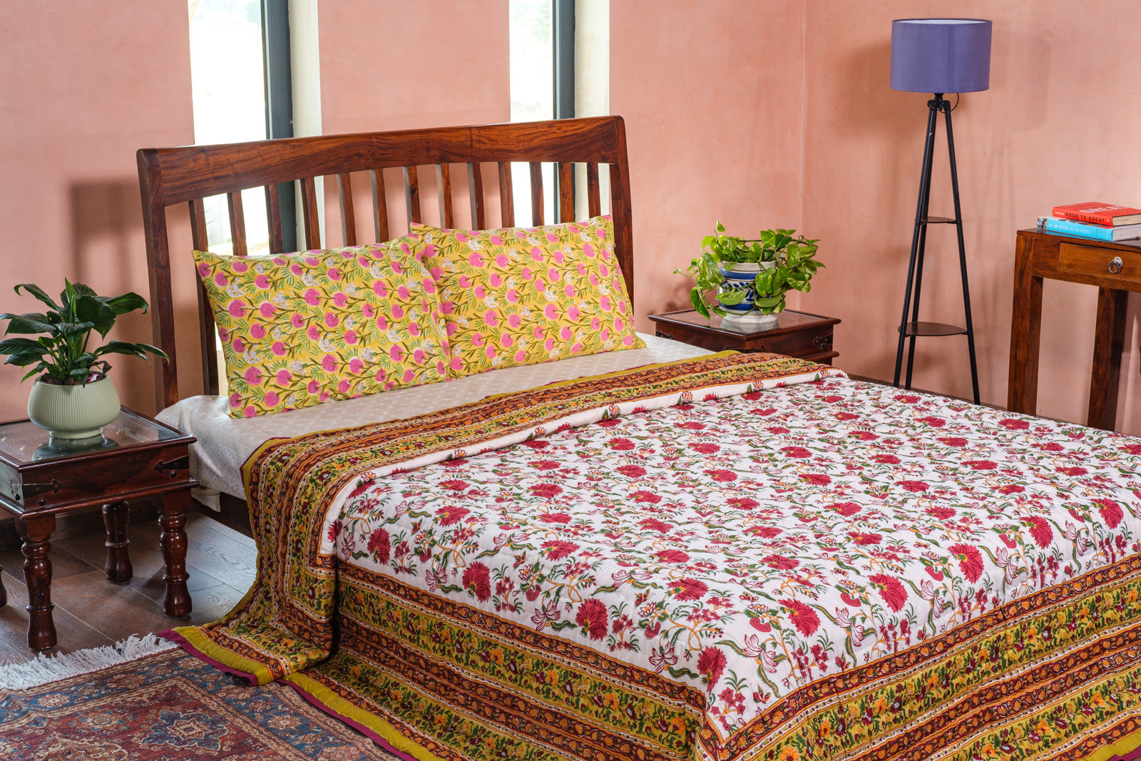 Hand Block Printed Cotton King Size Quilt | Flower Blossom Canary 104164