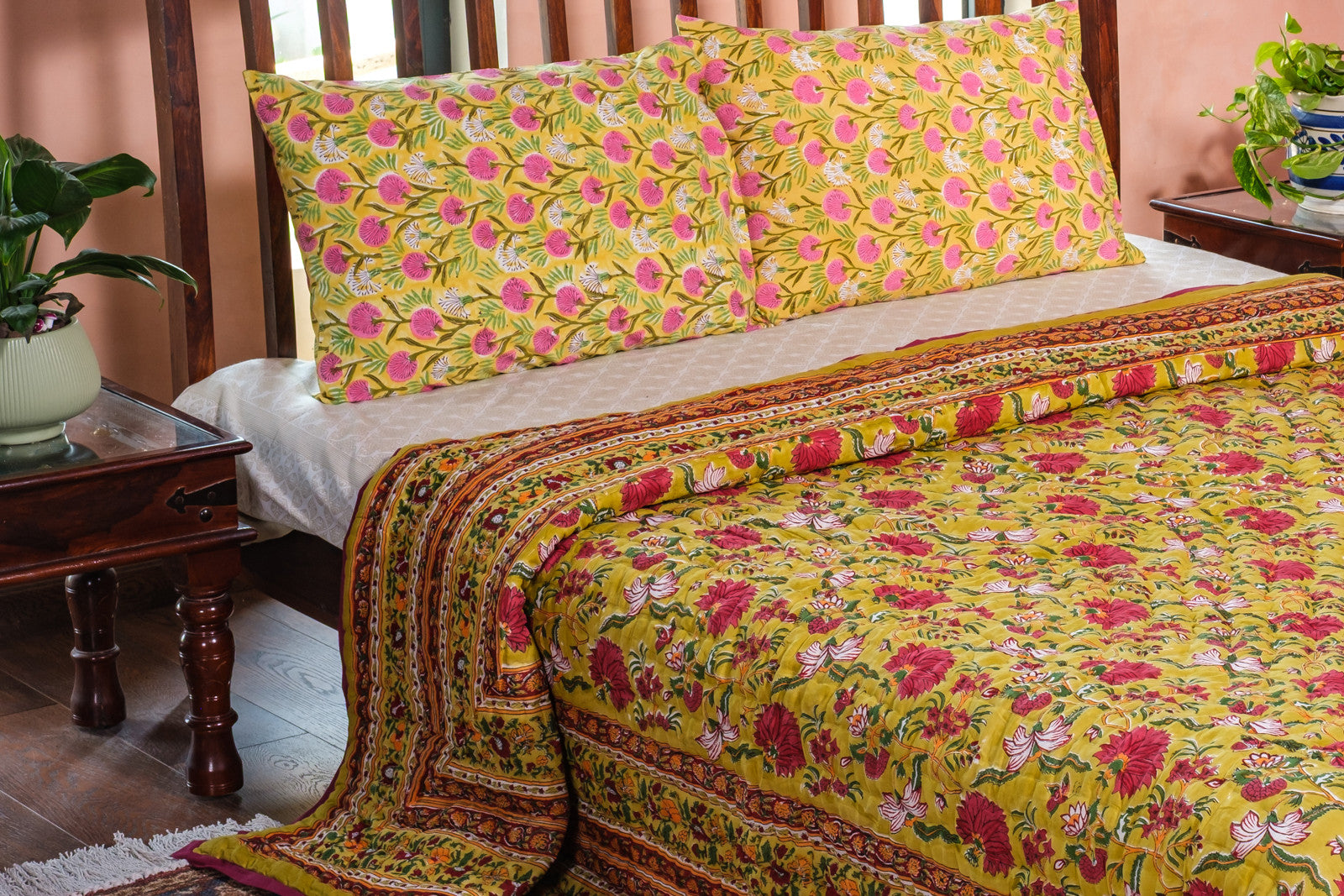 Hand Block Printed Cotton King Size Quilt | Flower Blossom Canary 104164