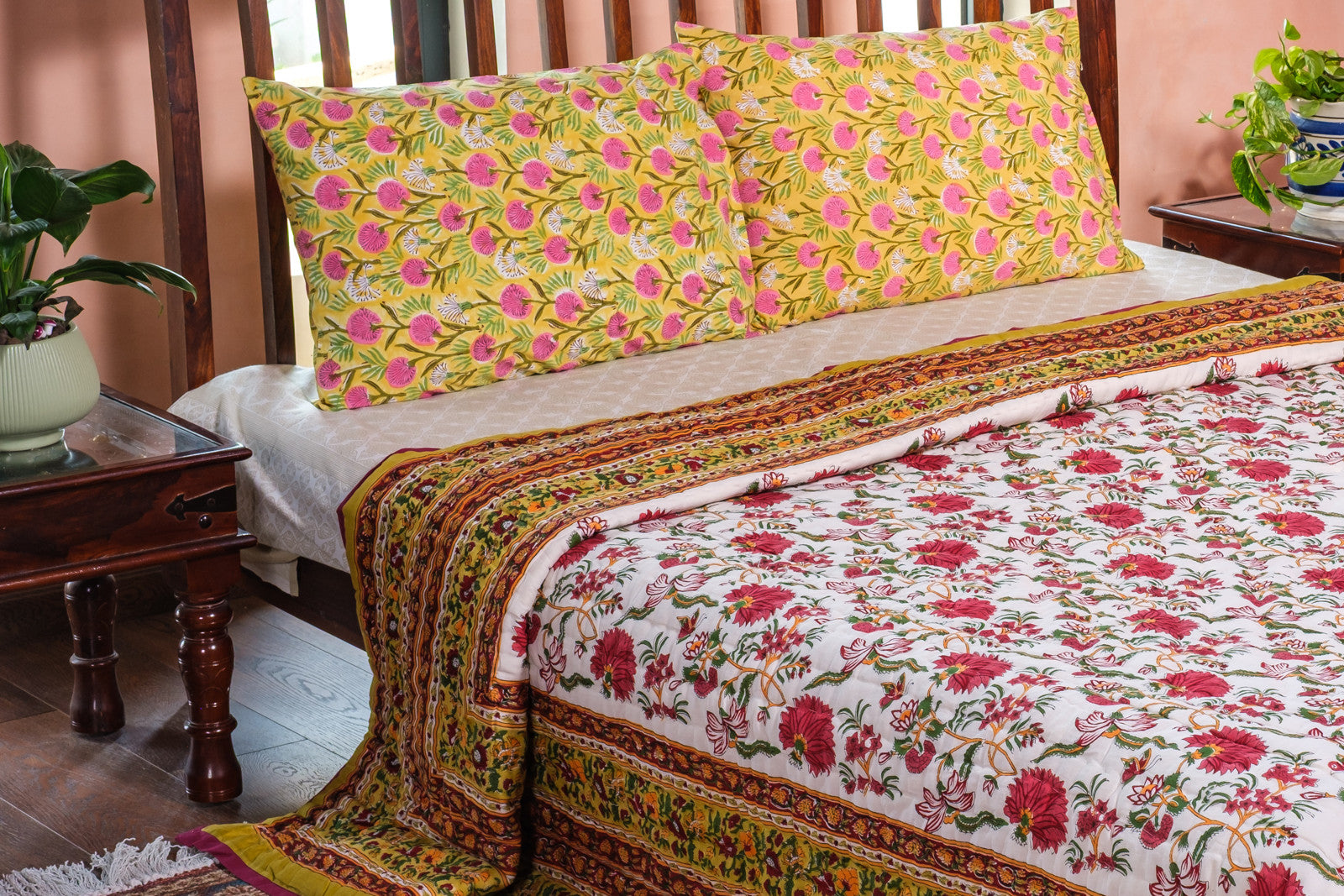 Hand Block Printed Cotton King Size Quilt | Flower Blossom Canary 104164