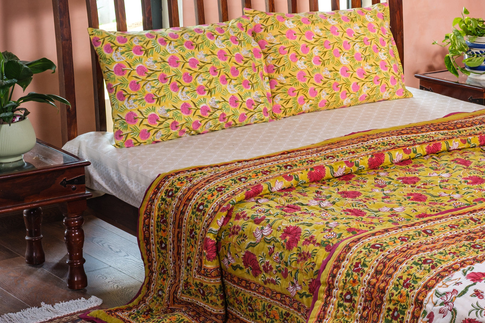 Hand Block Printed Cotton King Size Quilt | Flower Blossom Canary 104164