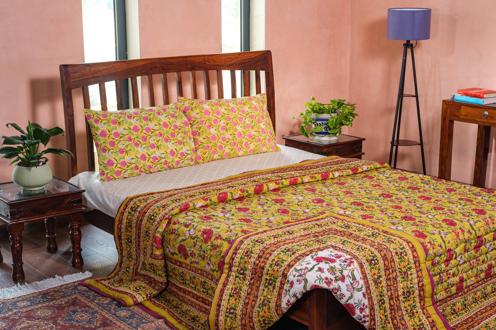 Hand Block Printed Cotton King Size Quilt | Flower Blossom Canary 104164