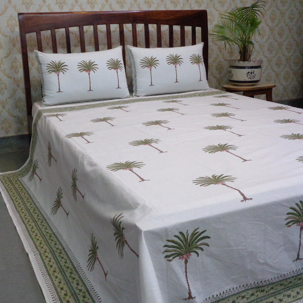 Hand Block Printed Cotton Queen Size Bedspread | Palm Tree Green 109024