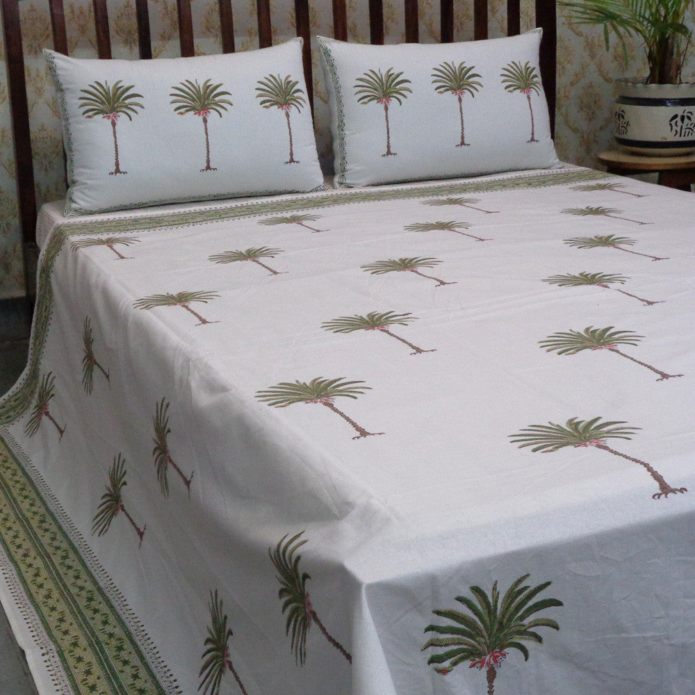 Hand Block Printed Cotton Queen Size Bedspread | Palm Tree Green 109024