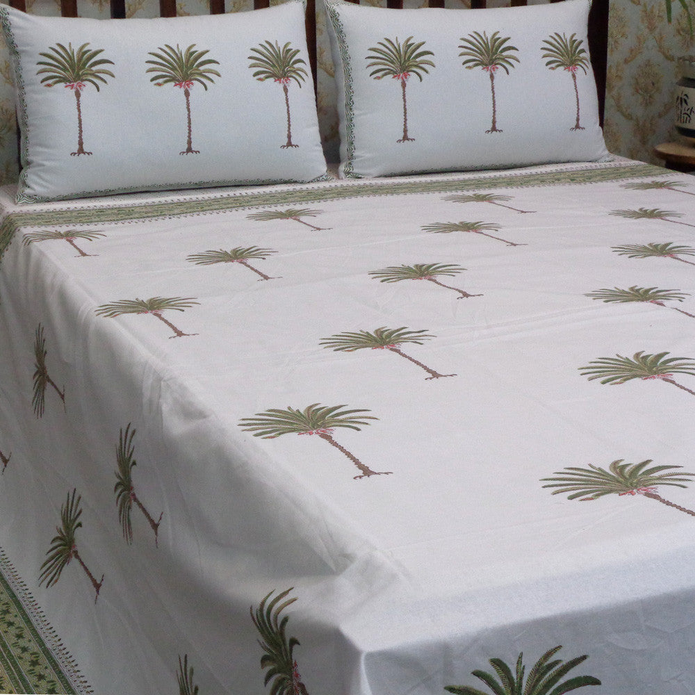 Hand Block Printed Cotton Queen Size Bedspread | Palm Tree Green 109024