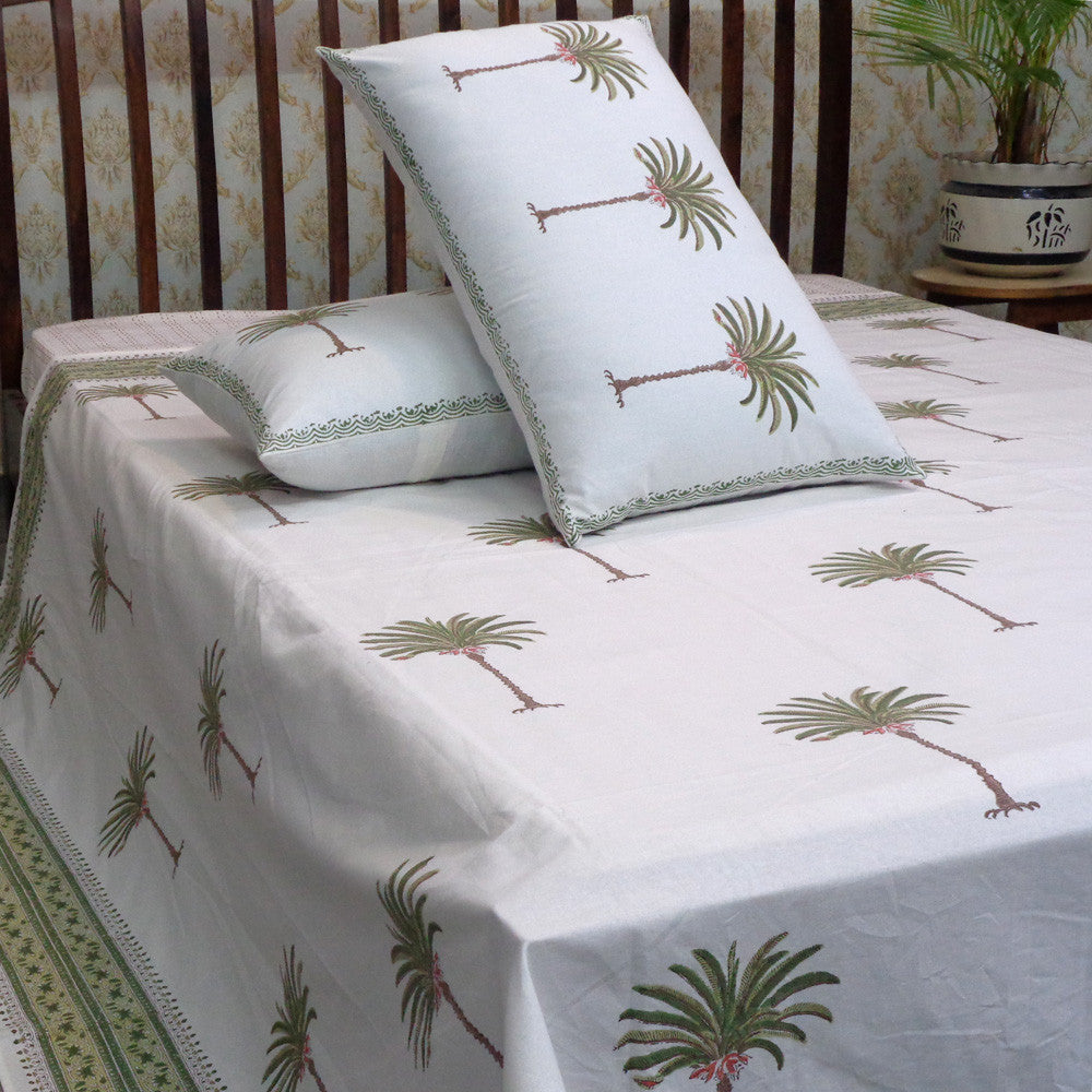 Hand Block Printed Cotton Queen Size Bedspread | Palm Tree Green 109024