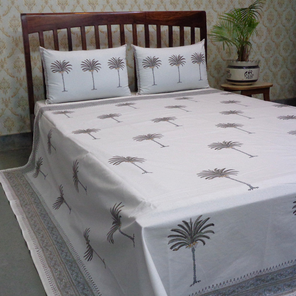 Hand Block Printed Cotton Queen Size Bedspread | Palm Tree Grey 100456