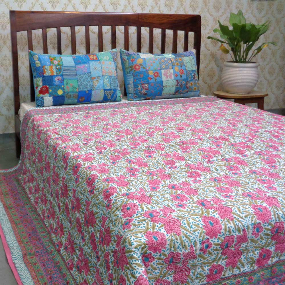 Hand Block Printed Cotton Queen Size Quilt | Flower Candy 103451