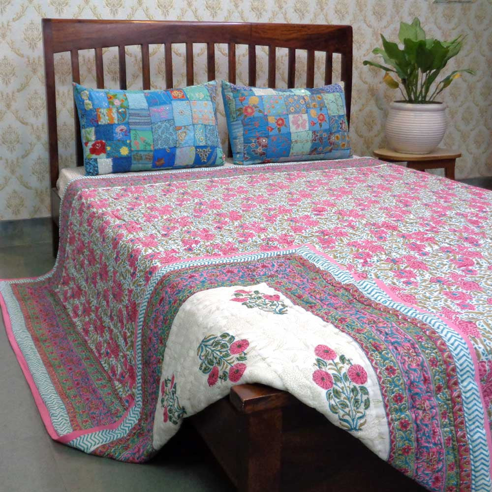 Hand Block Printed Cotton Queen Size Quilt | Flower Candy 103451