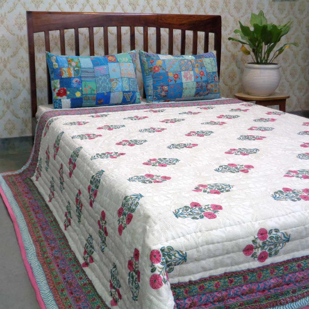 Hand Block Printed Cotton Queen Size Quilt | Flower Candy 103451
