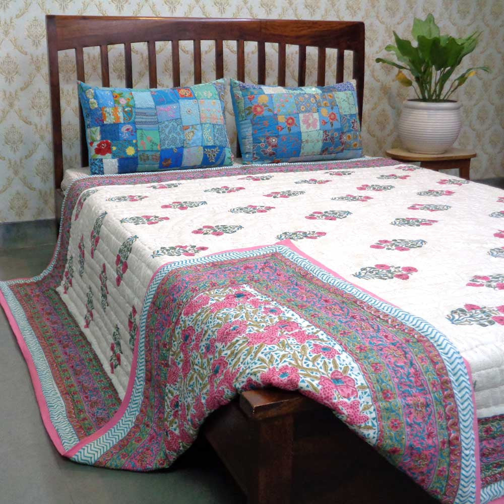 Hand Block Printed Cotton Queen Size Quilt | Flower Candy 103451