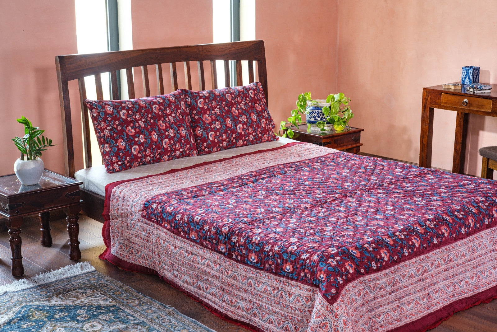 Hand Block Printed Cotton Queen Size Quilt | Rukhsana Maroon Gud 105823