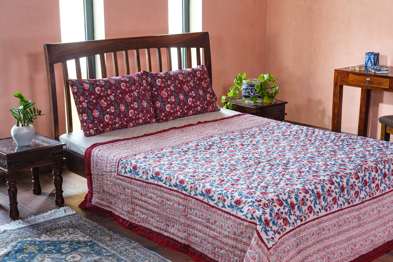 Hand Block Printed Cotton Queen Size Quilt | Rukhsana Maroon Gud 105823