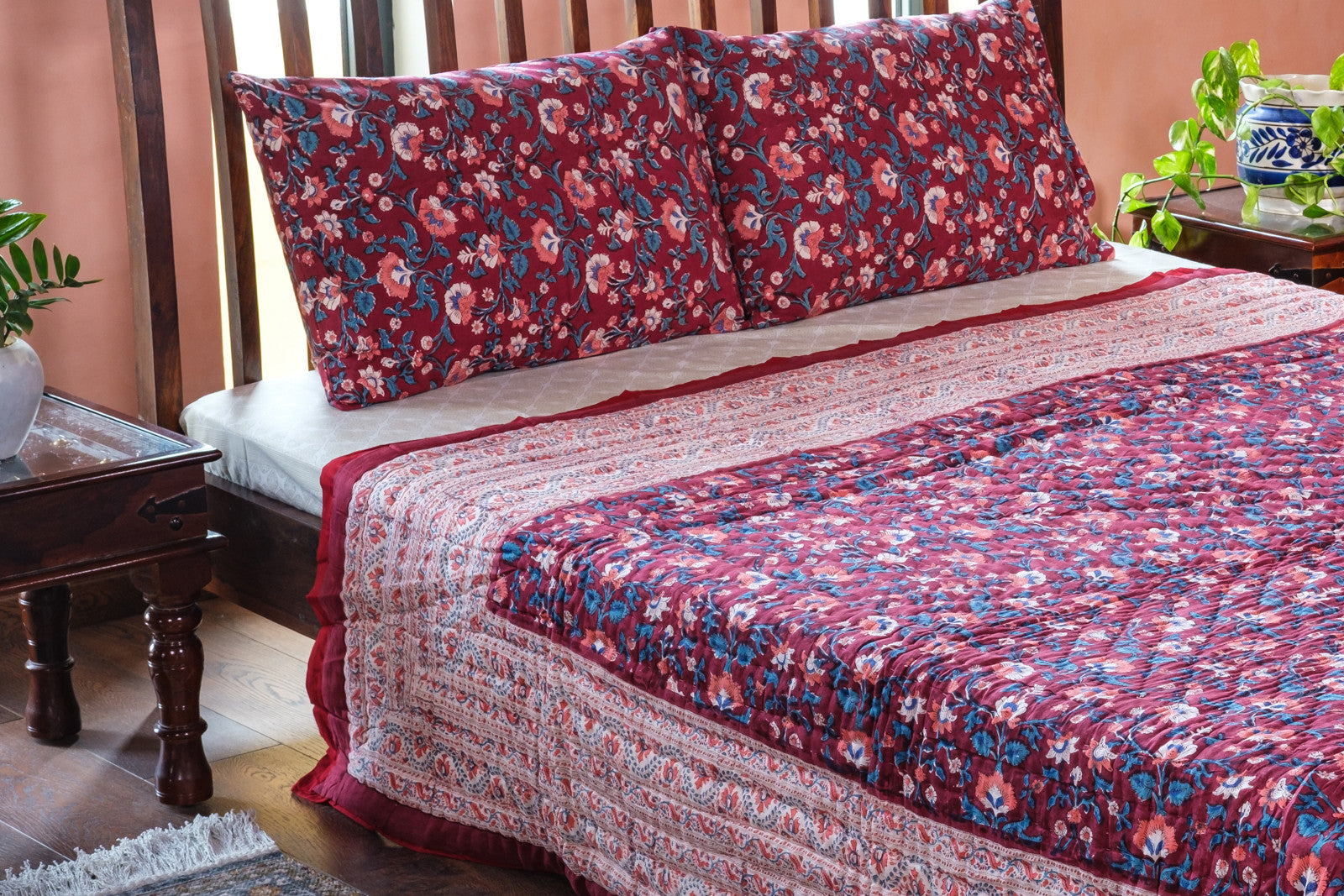 Hand Block Printed Cotton Queen Size Quilt | Rukhsana Maroon Gud 105823