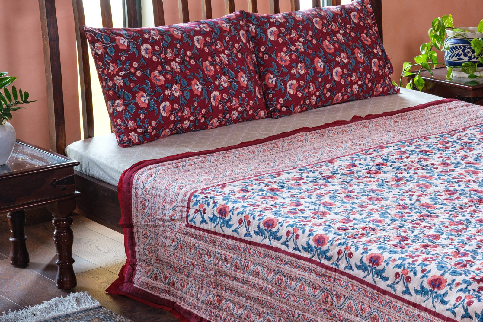 Hand Block Printed Cotton Queen Size Quilt | Rukhsana Maroon Gud 105823