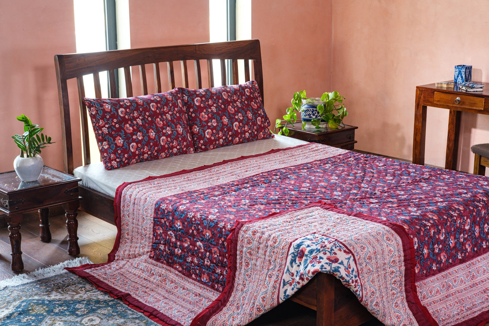 Hand Block Printed Cotton Queen Size Quilt | Rukhsana Maroon Gud 105823