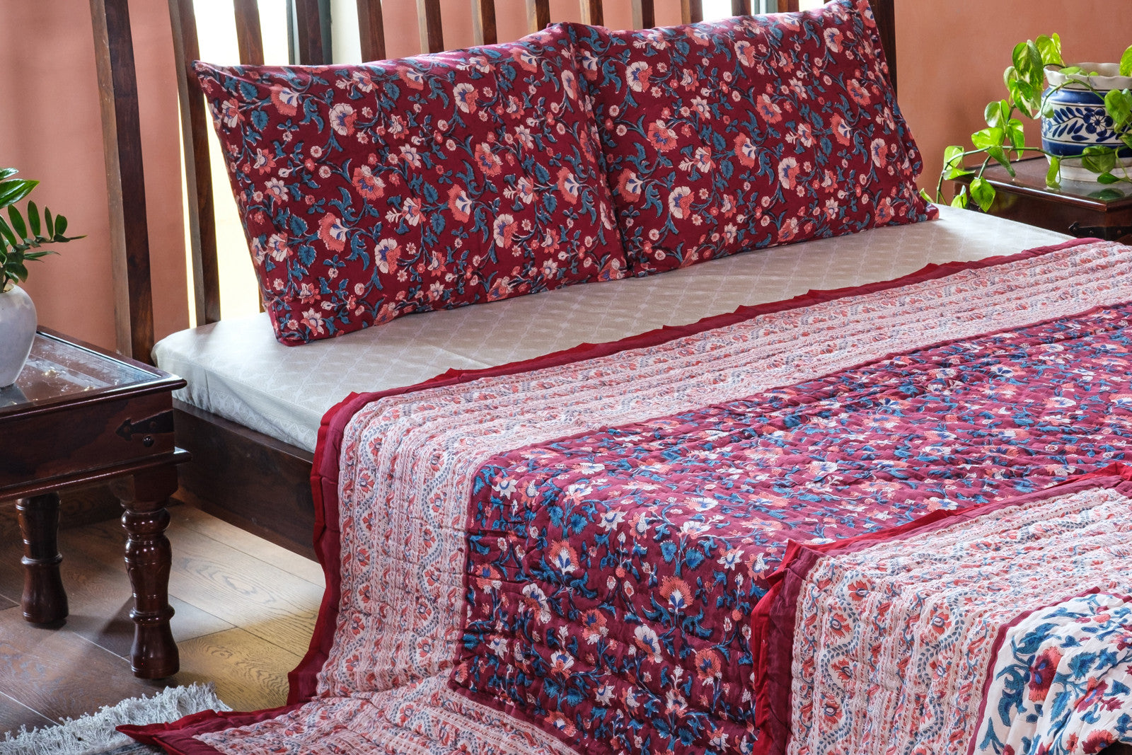 Hand Block Printed Cotton Queen Size Quilt | Rukhsana Maroon Gud 105823