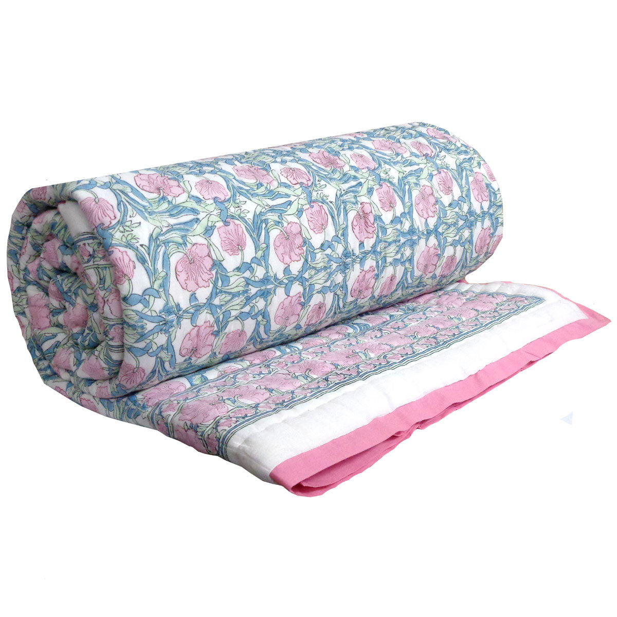 Hand Block Printed Cotton Quilt King Size | Bauhaus Pink Flower 601774