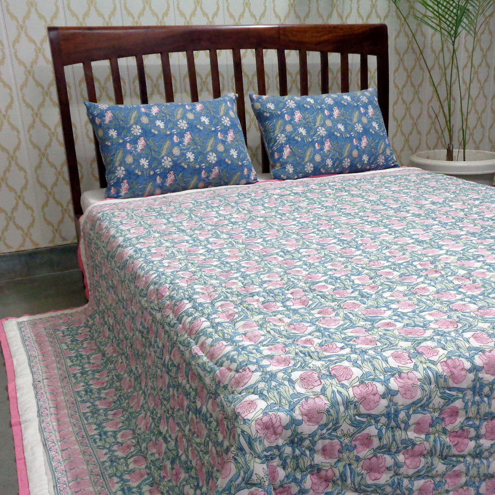 Hand Block Printed Cotton Quilt King Size | Bauhaus Pink Flower 601774