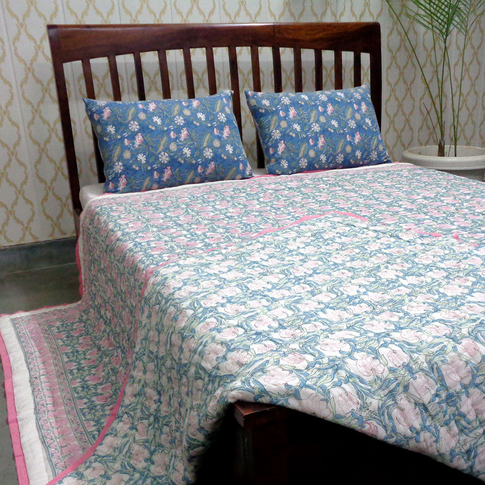 Hand Block Printed Cotton Quilt King Size | Bauhaus Pink Flower 601774