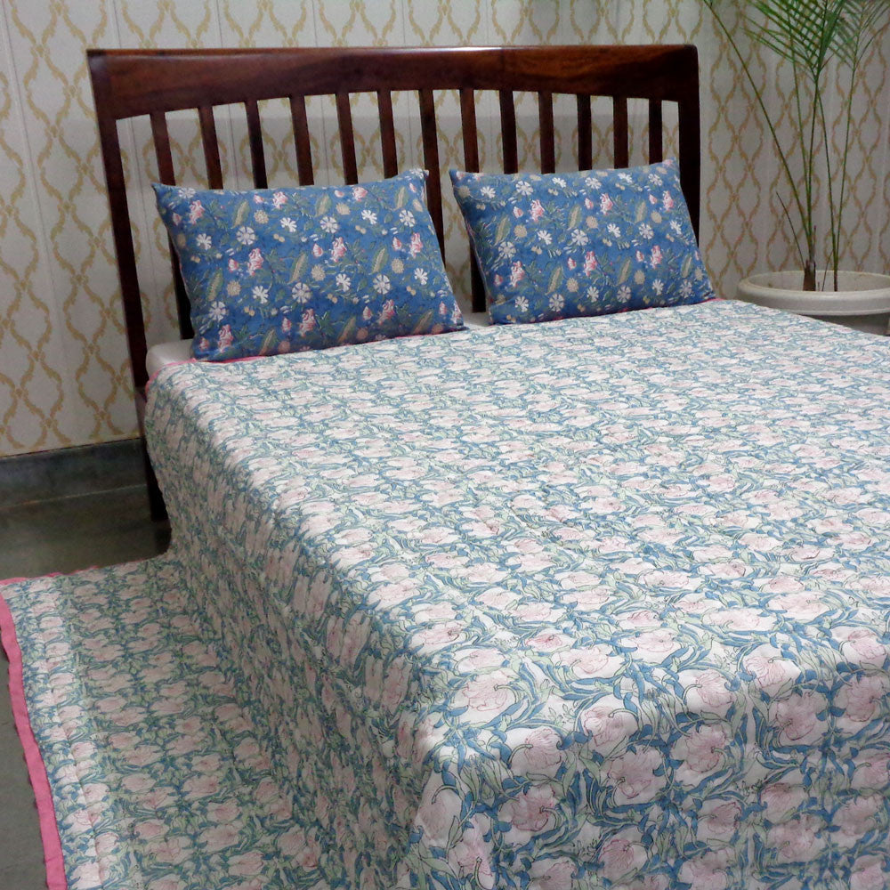 Hand Block Printed Cotton Quilt King Size | Bauhaus Pink Flower 601774