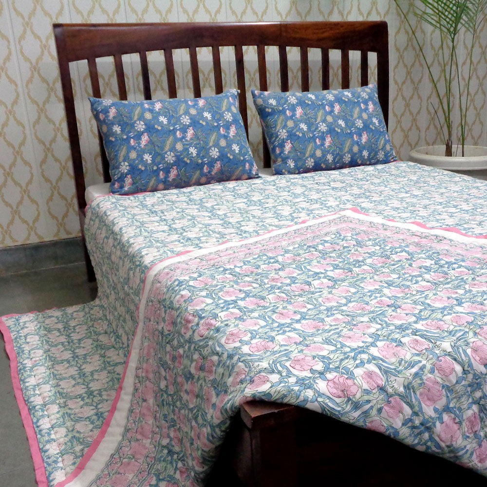 Hand Block Printed Cotton Quilt King Size | Bauhaus Pink Flower 601774