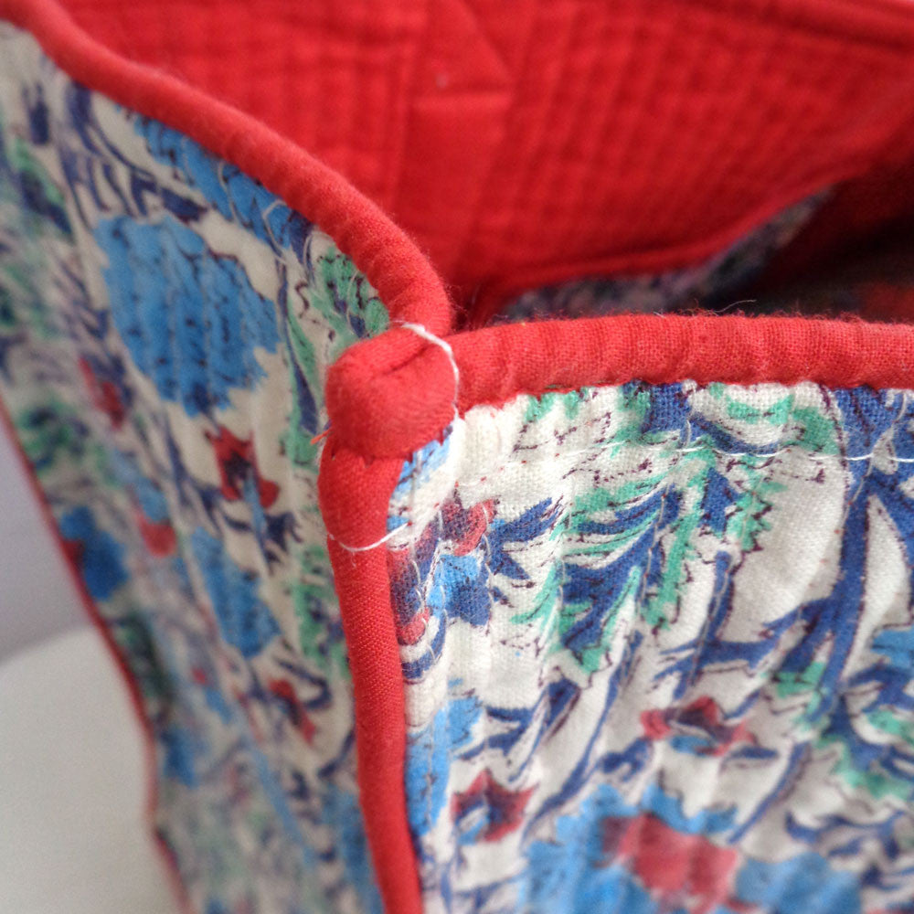 Hand Block Printed Cotton Quilted Tote Bag | Bush Flower Blue Open 105380
