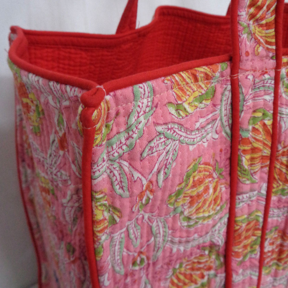 Hand Block Printed Cotton Quilted Tote Bag | Frost Pink Floral 202816
