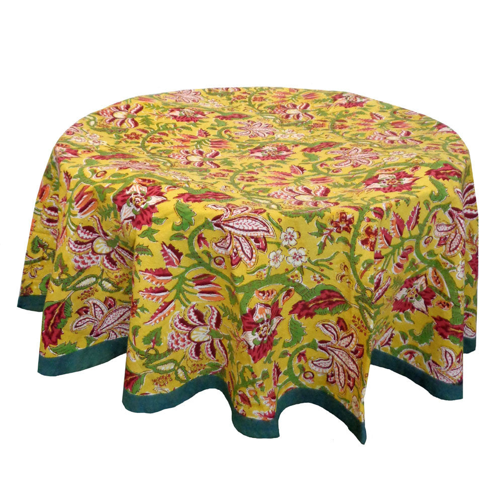 Hand Block Printed Cotton Round Tablecloth 220 cm | Anarkali Lime Gud 102405