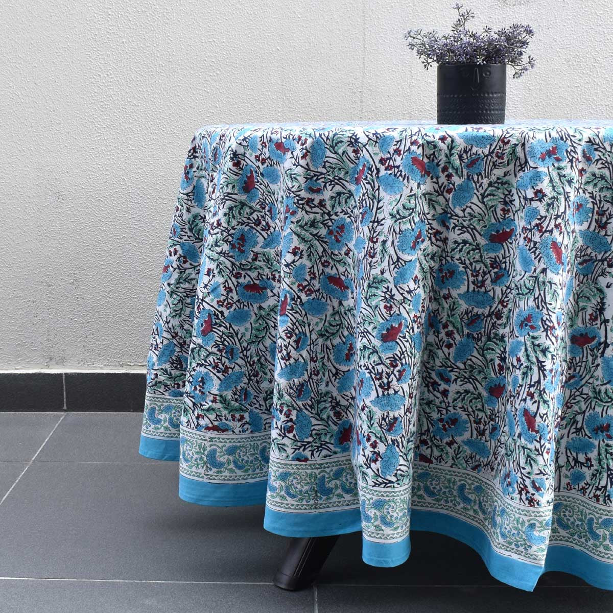 Hand Block Printed Cotton Round Tablecloth 220 cm | Bush Flower Blue Open 102398