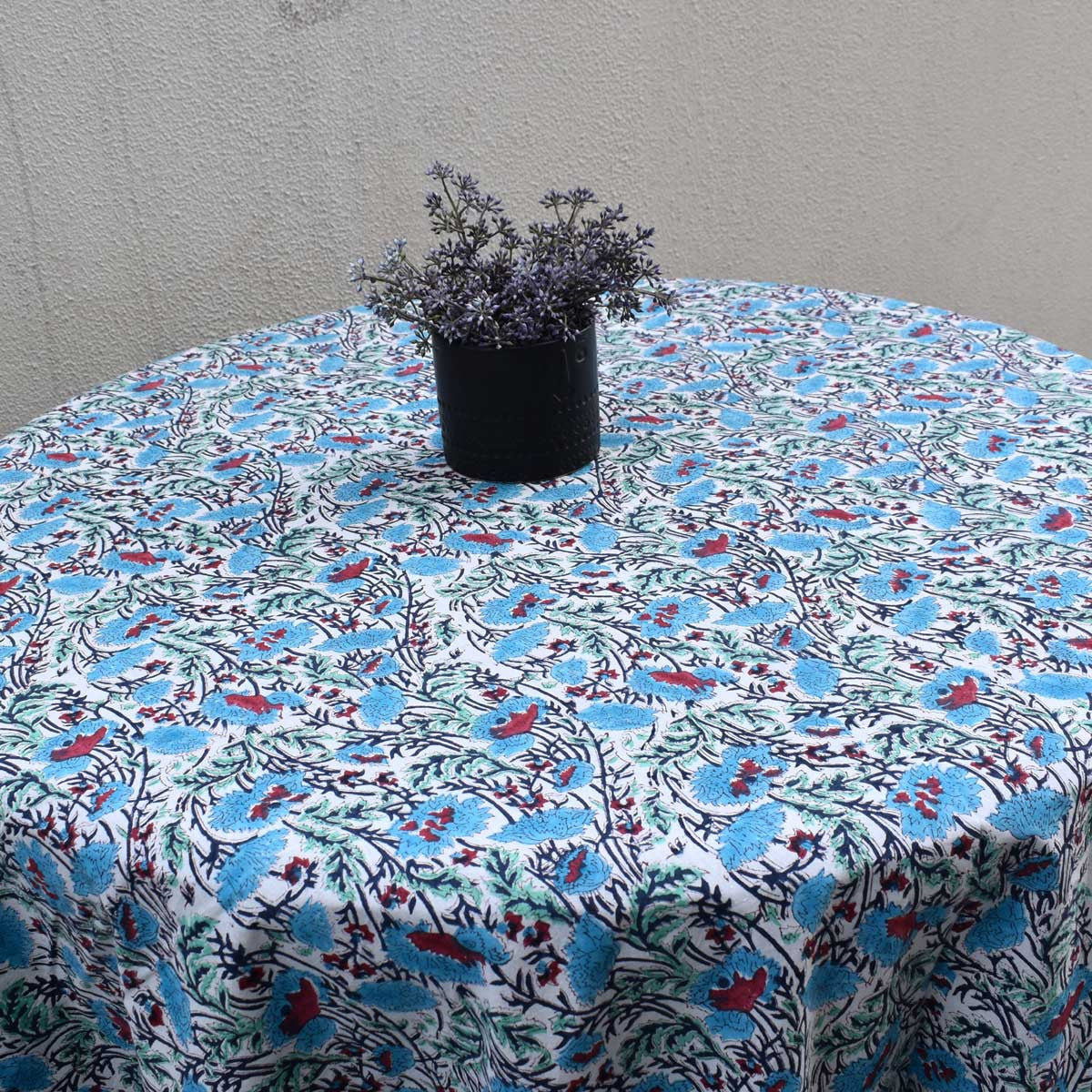 Hand Block Printed Cotton Round Tablecloth 220 cm | Bush Flower Blue Open 102398