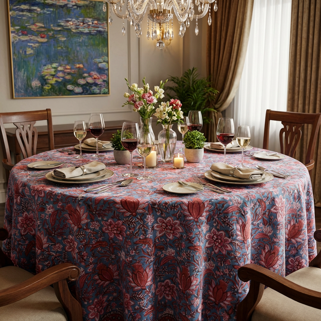 Hand Block Printed Cotton Round Tablecloth 220 cm | Firdaus Gud 204865