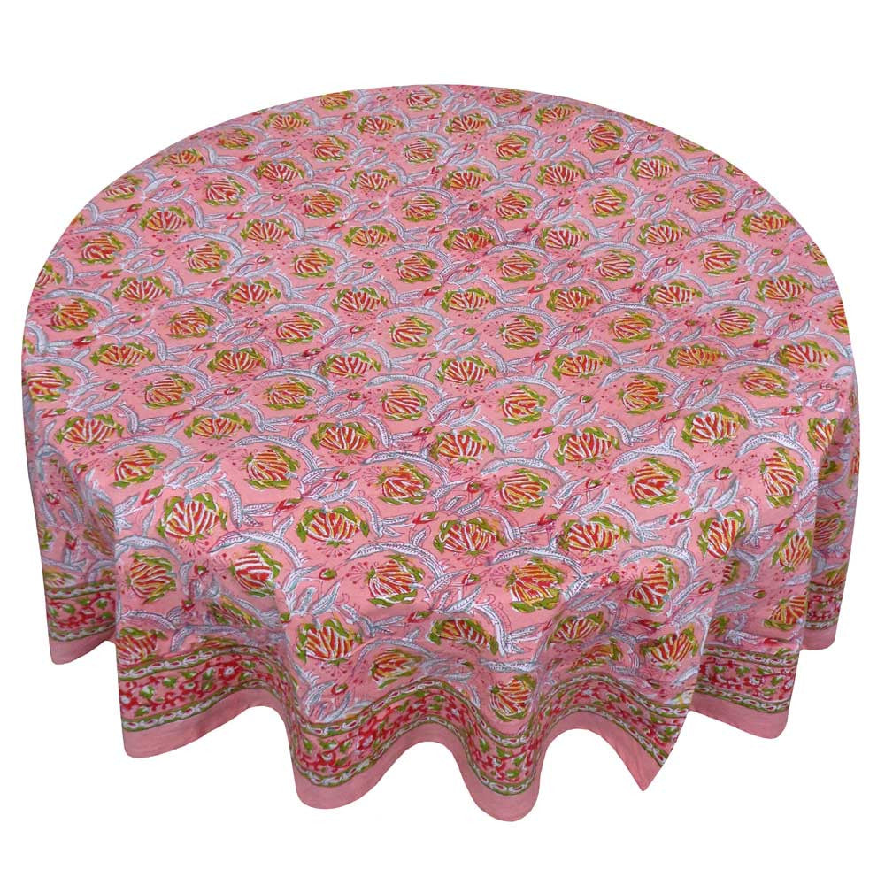 Hand Block Printed Cotton Round Tablecloth 220 cm | Frost Pink Floral 202816