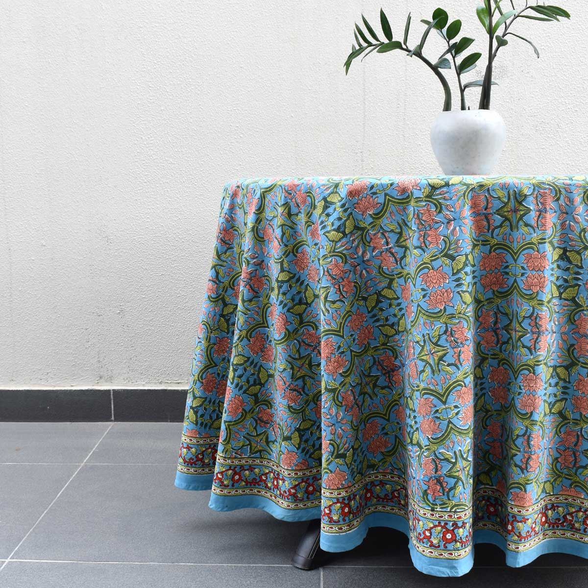 Hand Block Printed Cotton Round Tablecloth 220 cm | Lotus Green Gud 204827