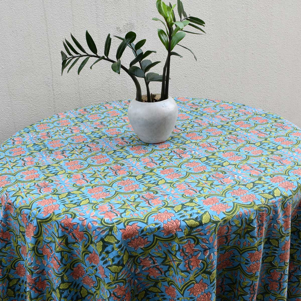 Hand Block Printed Cotton Round Tablecloth 220 cm | Lotus Green Gud 204827