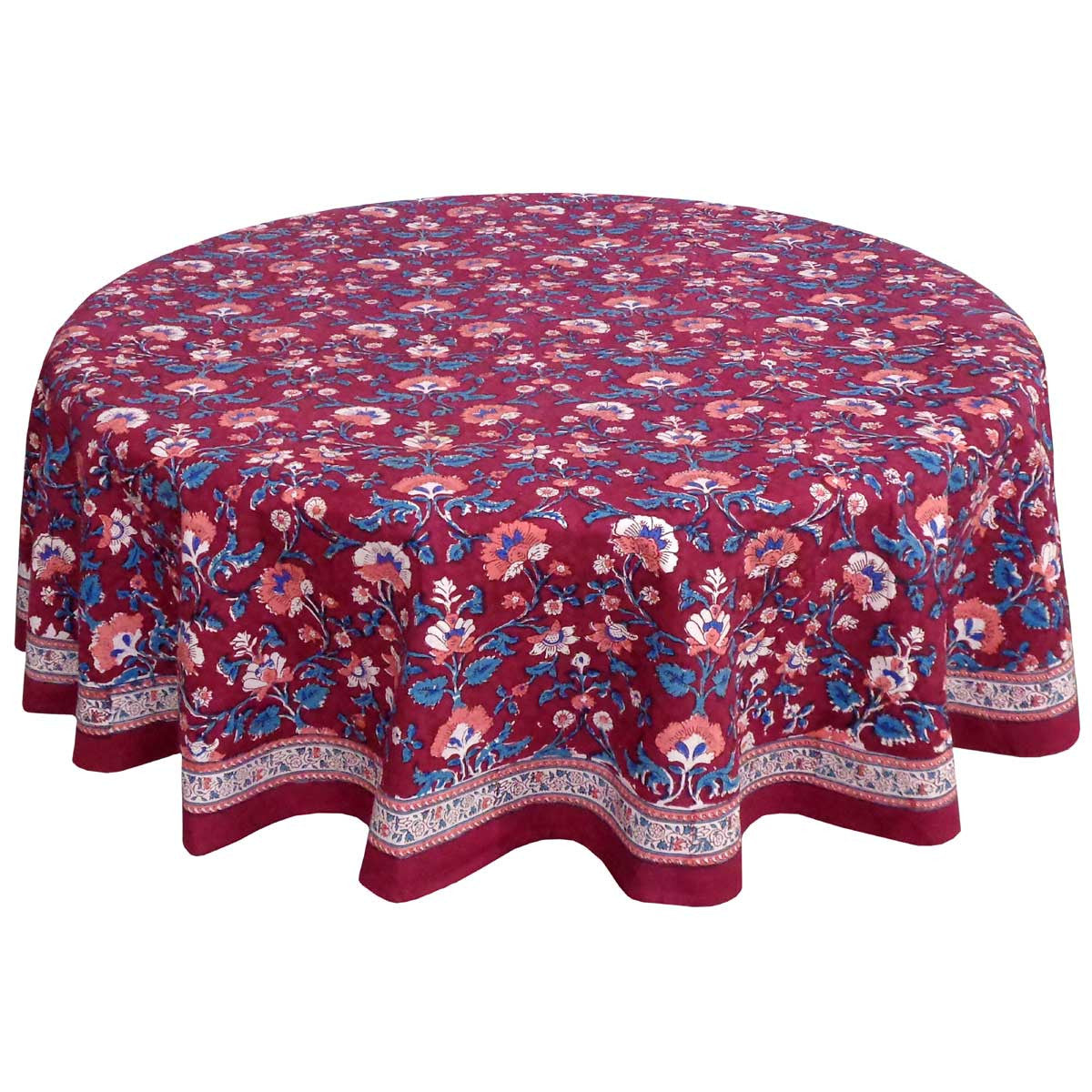 Hand Block Printed Cotton Round Tablecloth 220 cm | Rukhsana Maroon Gud 105823