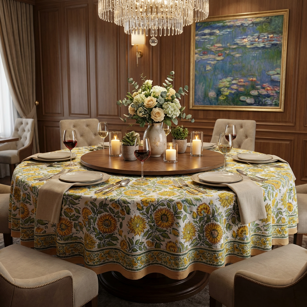 Hand Block Printed Cotton Round Tablecloth 220 cm | Surajmukhi Canary Open 206589
