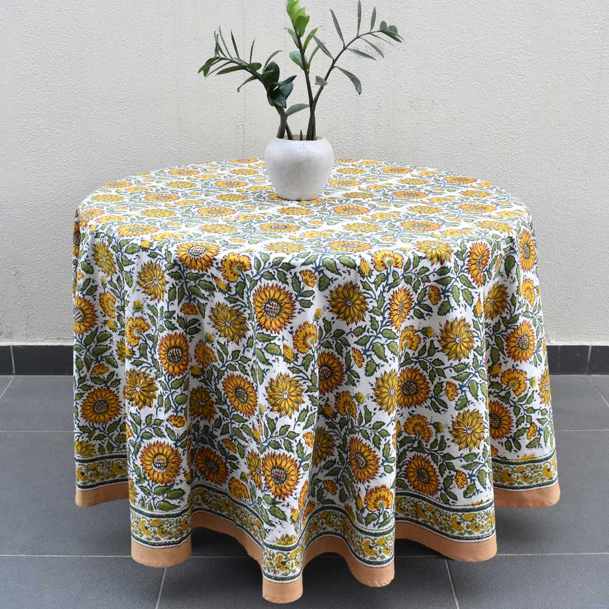 Hand Block Printed Cotton Round Tablecloth 220 cm | Surajmukhi Canary Open 206589
