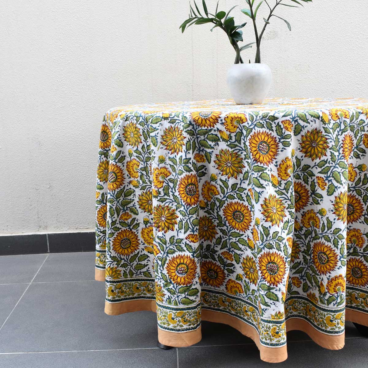 Hand Block Printed Cotton Round Tablecloth 220 cm | Surajmukhi Canary Open 206589