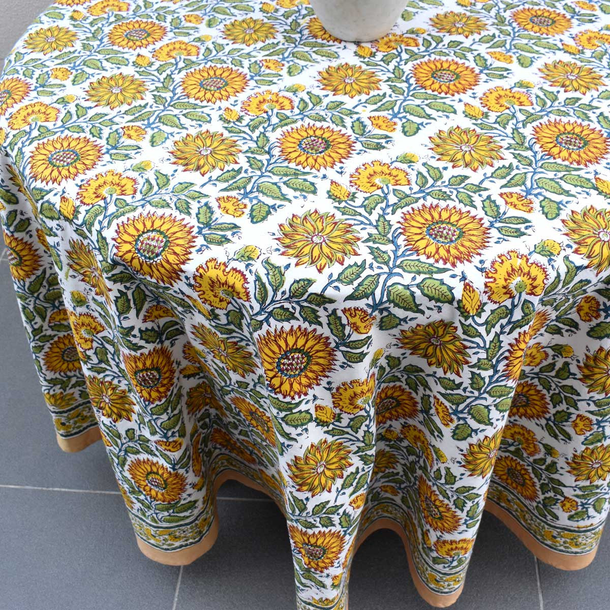 Hand Block Printed Cotton Round Tablecloth 220 cm | Surajmukhi Canary Open 206589