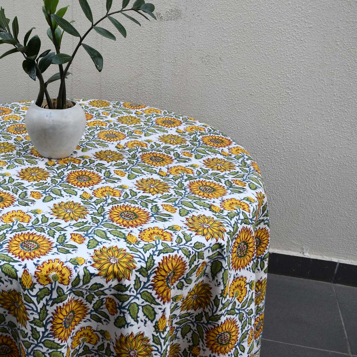 Hand Block Printed Cotton Round Tablecloth 220 cm | Surajmukhi Canary Open 206589