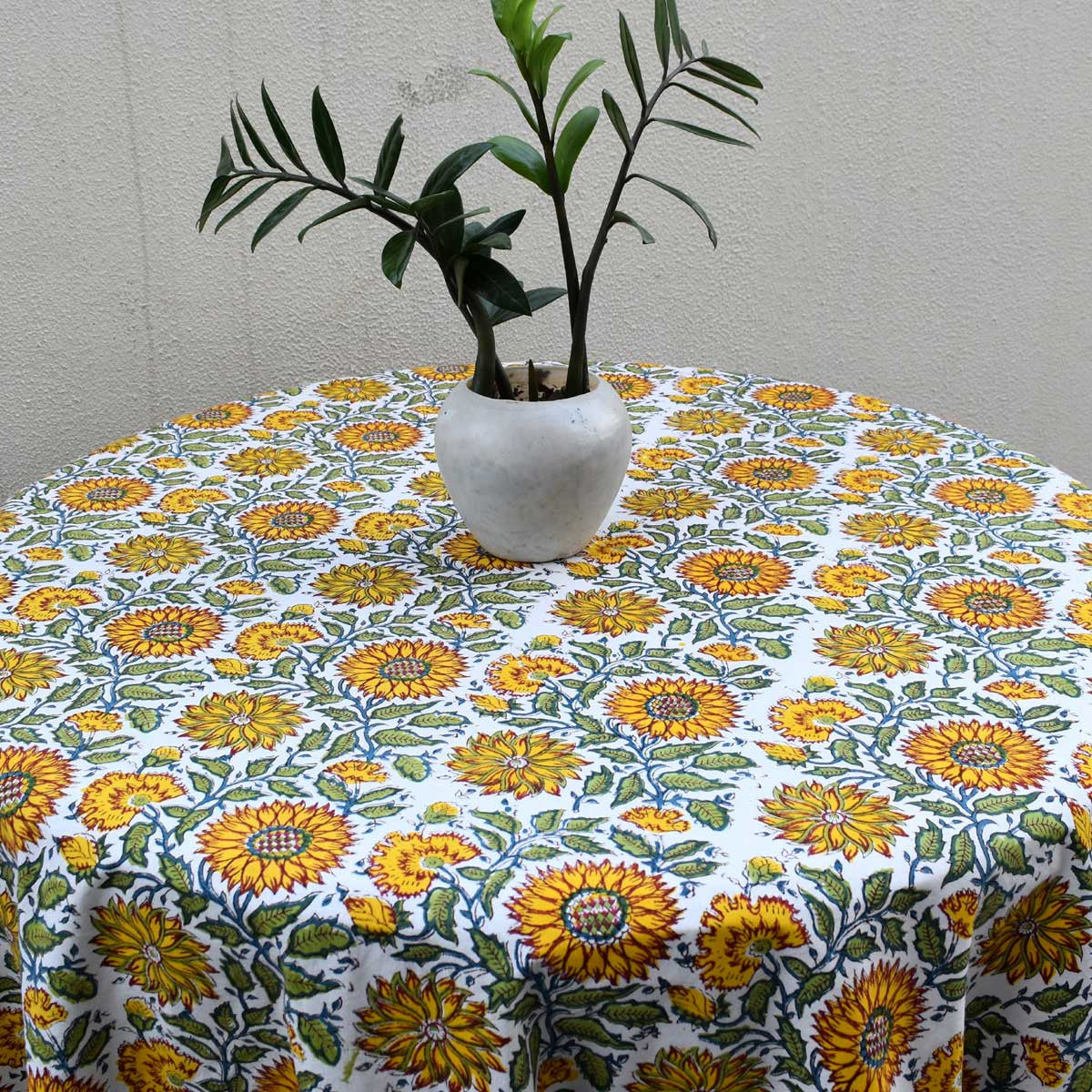 Hand Block Printed Cotton Round Tablecloth 220 cm | Surajmukhi Canary Open 206589