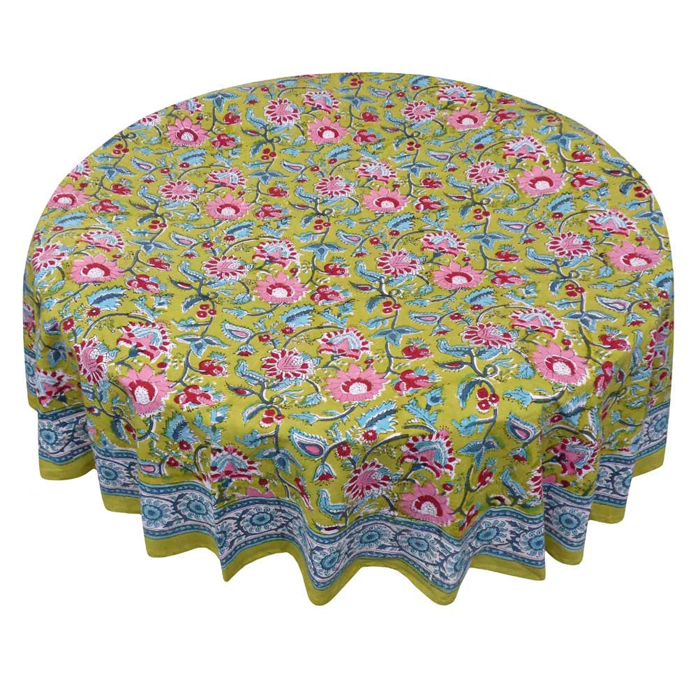 Hand Block Printed Cotton Round Tablecloth 220 cms |  Phuljhari Olive Gud 103487